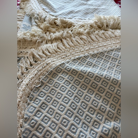 COTTON WOVEN KING BLUE CREAM 6” FRINGE MEDALLION BEDSPREAD 115x115” - Picture 4 of 8
